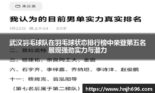 武汉羽毛球队在羽毛球状态排行榜中荣登第五名展现强劲实力与潜力